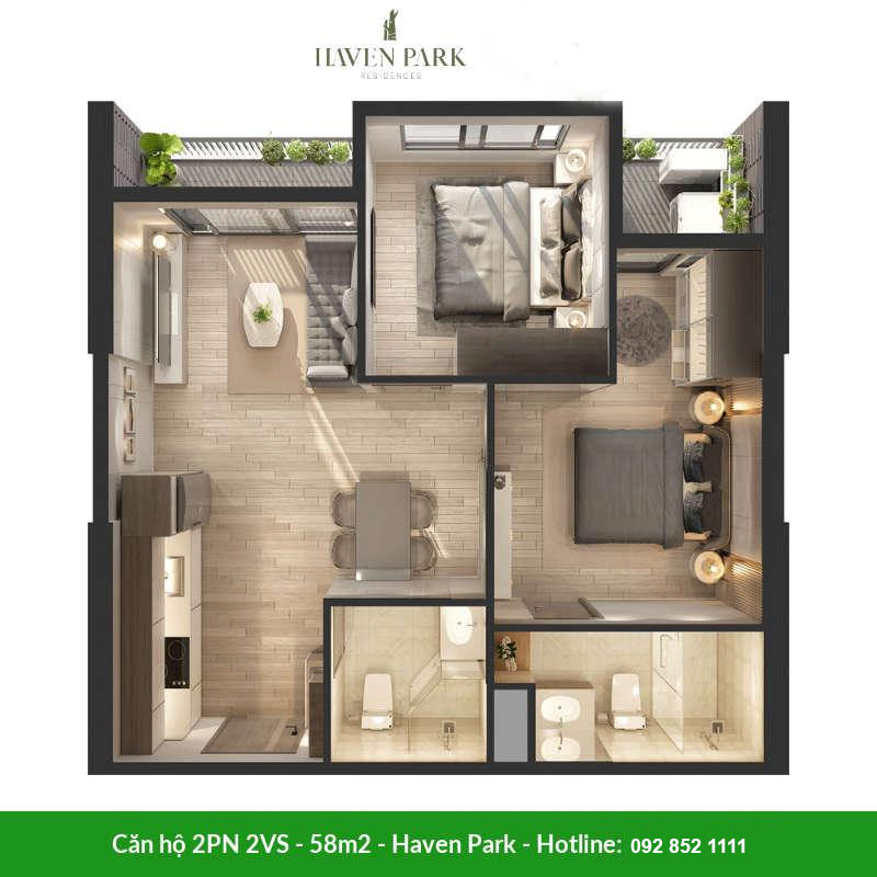 Căn hộ Haven Park - 2PN 58m2